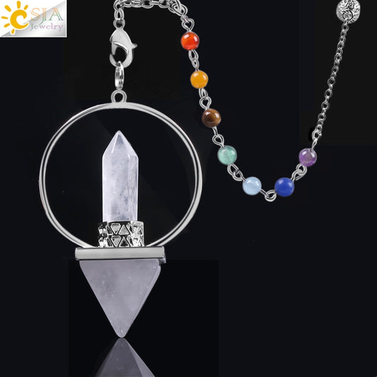 Chakra Natural Stone Pendulum for Dowsing Hexagonal Prism Pyramid White Pink Crystal Obsidian Pendants